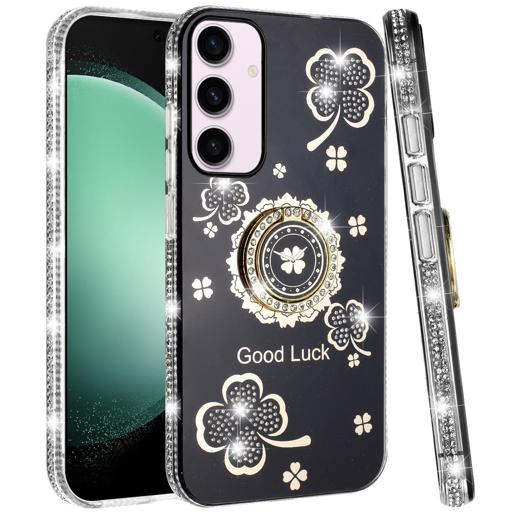 For Samsung Galaxy S23 Diamonds Bling All Around Edges Sparkly Glitter Hybrid Ring Stand Holder Fashion Good Luck Case Cover