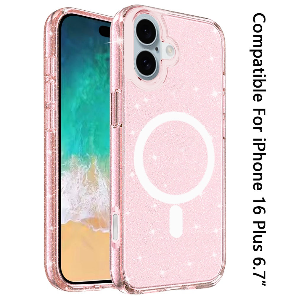 For Apple iPhone 16 Plus (6.7") MagSafe Compatible Glitter Shiny Sparkle Bling TPU Rubber Hard PC Back Hybrid Frame Case Cover