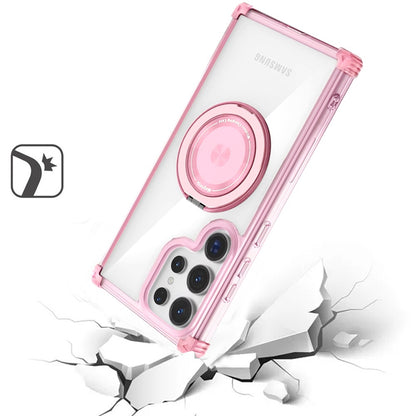 For Samsung Galaxy S22 Ultra Shield Magnetic [Compatible with Magsafe] with 360° Rotatable Ring Holder Invisible Stand Transparent Case Cover Pink