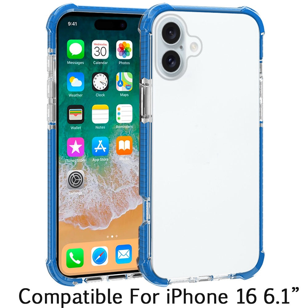 Apple iPhone 16 (6.1") Hybrid Transparent Acrylic Rubber Gummy Gel Hard PC Silicone TPU Color Bumper Frame