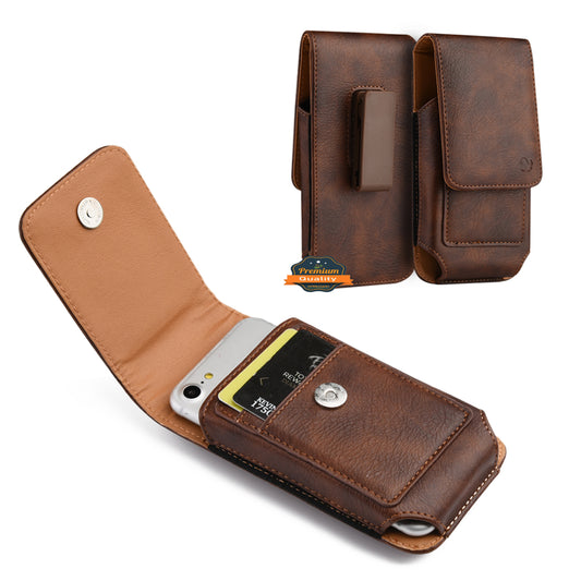 For Apple iPhone 16 Pro (6.3") Universal Vertical Leather Case Holster with Card Slot, Rotation Belt Clip & Magnetic Closure Carrying Phone Pouch [Brown]