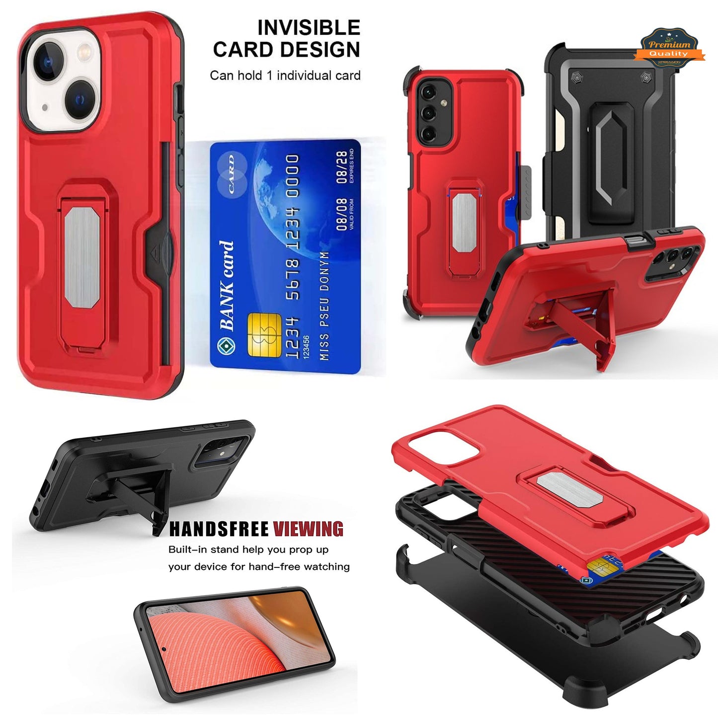 For Apple iPhone 15 Pro Max (6.7") Hybrid Invisible Card Slot Wallet with Kickstand Holster Belt Clip Holder Heavy Duty  Phone Case Cover