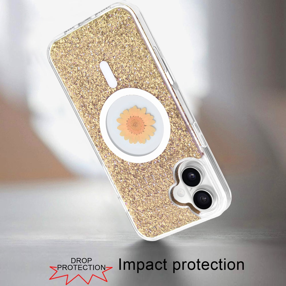 For Apple iPhone 16 Pro Max (6.9") Magnetic Circle MagSafe Wireless Compatible Epoxy Glitter Flower Shiny Sparkle Bling Hybrid Slim TPU Case Cover