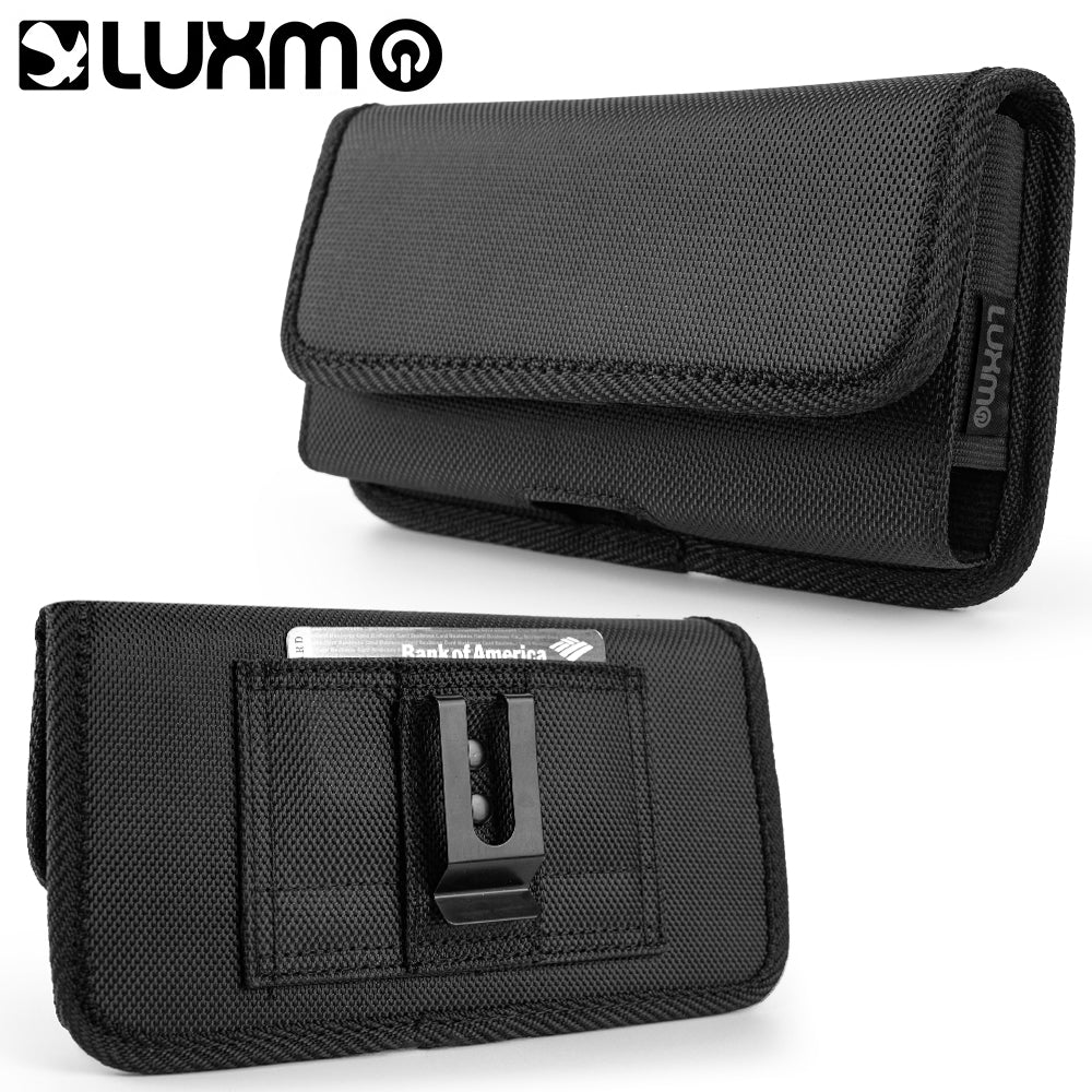 For Apple iPhone 16 Pro Max (6.9") Universal Horizontal Cell Phone Case Fabric Holster Carrying Pouch with Belt Clip and 2 Card Slots fit XXL Devices [Black]