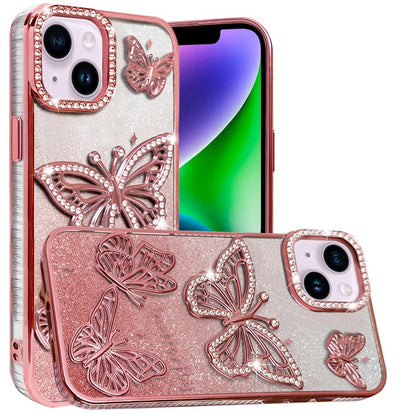 For Apple iPhone 12, Apple iPhone 12 Pro Luxury Butterfly Sparkle Glitter Diamond Crystal Rhinestone Shimmer Bling Plating Thick TPU Hard PC Case Cover