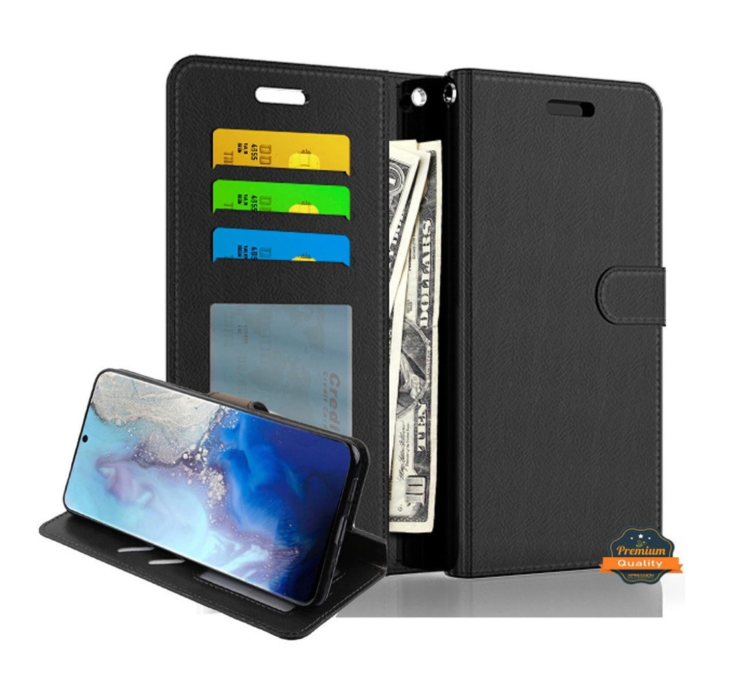 For Samsung Galaxy A16 5G Wallet PU Leather Pouch with Credit Card Slots Money Pocket, Stand & Strap Flip Bookstyle Case Cover Black