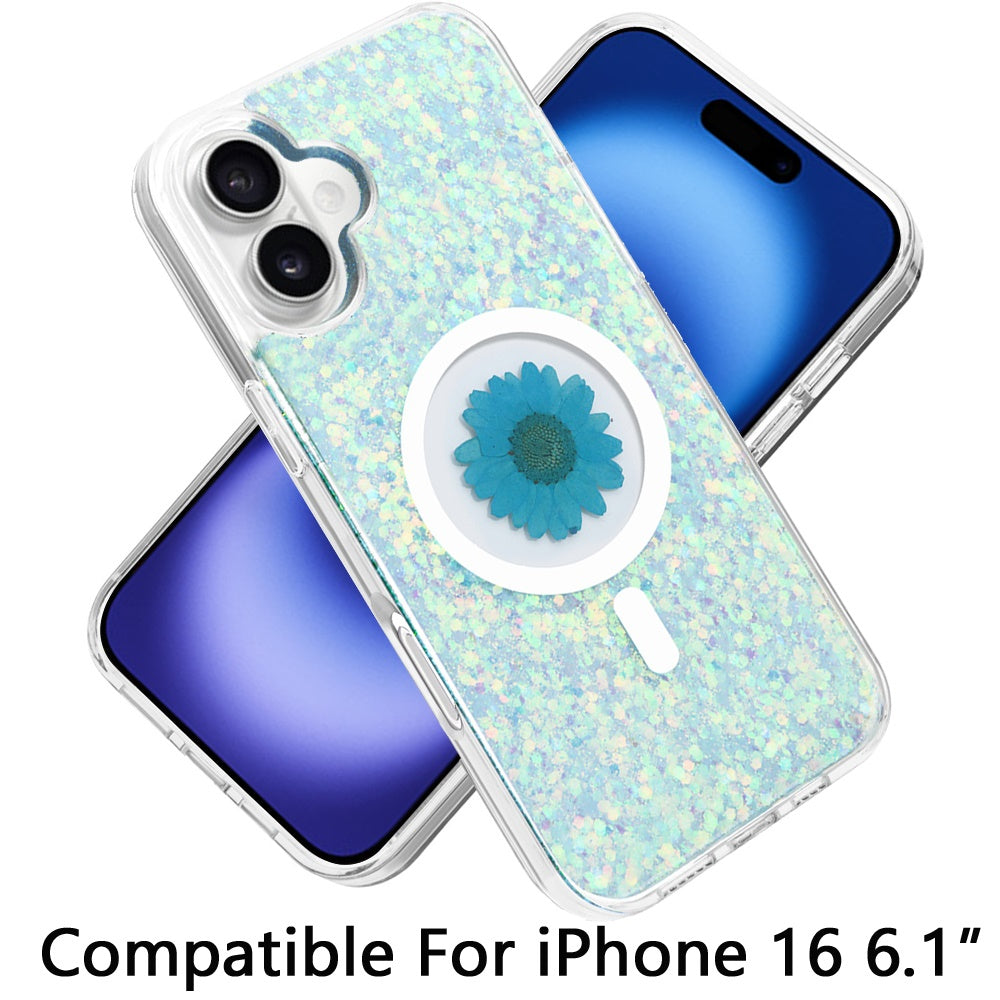 For Apple iPhone 16 (6.1") Magnetic Circle MagSafe Wireless Compatible Epoxy Glitter Flower Shiny Sparkle Bling Hybrid Slim TPU Case Cover