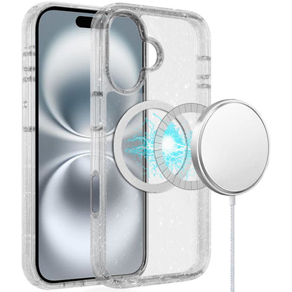 For Apple iPhone 16 (6.1") Transparent Glitter Bling Sparkly Shiny Case Hybrid Magnetic Circle Compatible with MagSafe Shockproof Case Cover