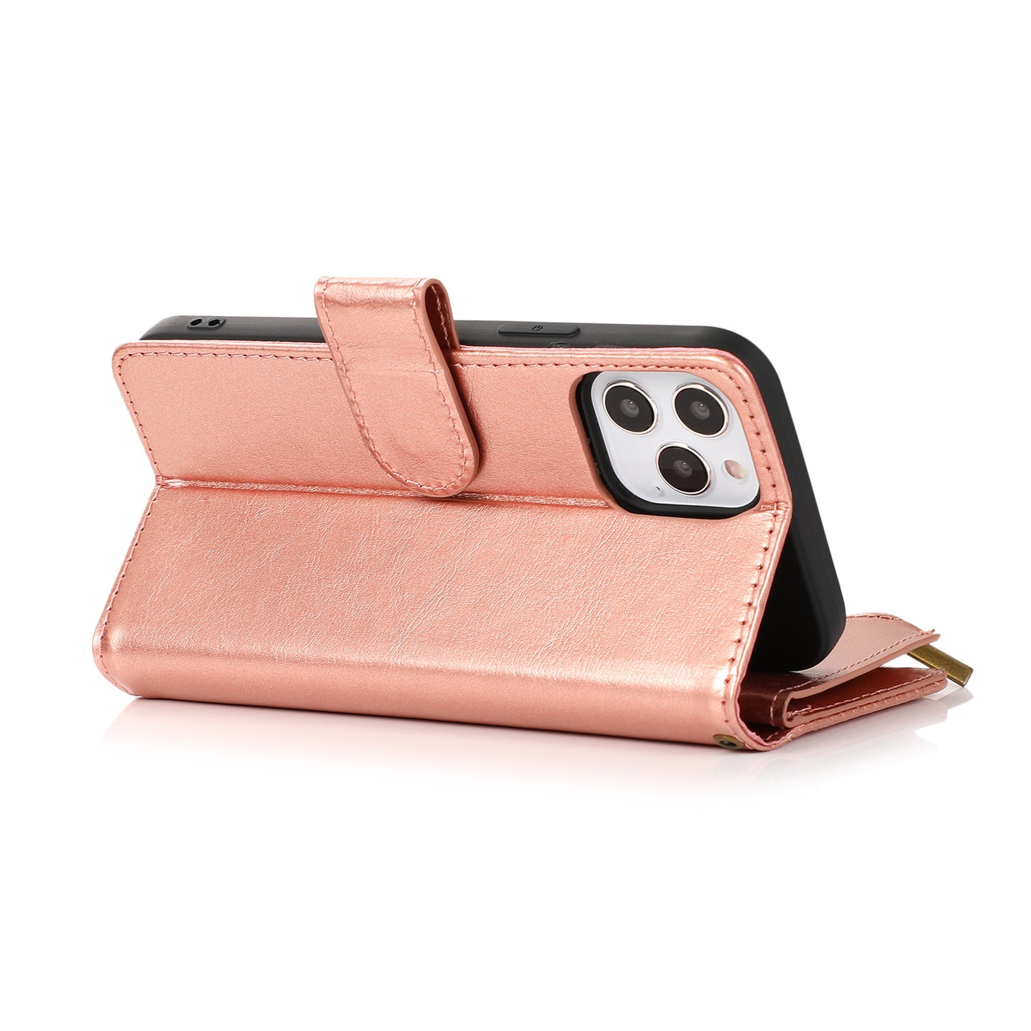 For Apple iPhone 11 (6.1") Leather Zipper Wallet Case 9 Credit Card Slots Cash Money Pocket Clutch Pouch with Stand & Strap Case Cover Rose Gold