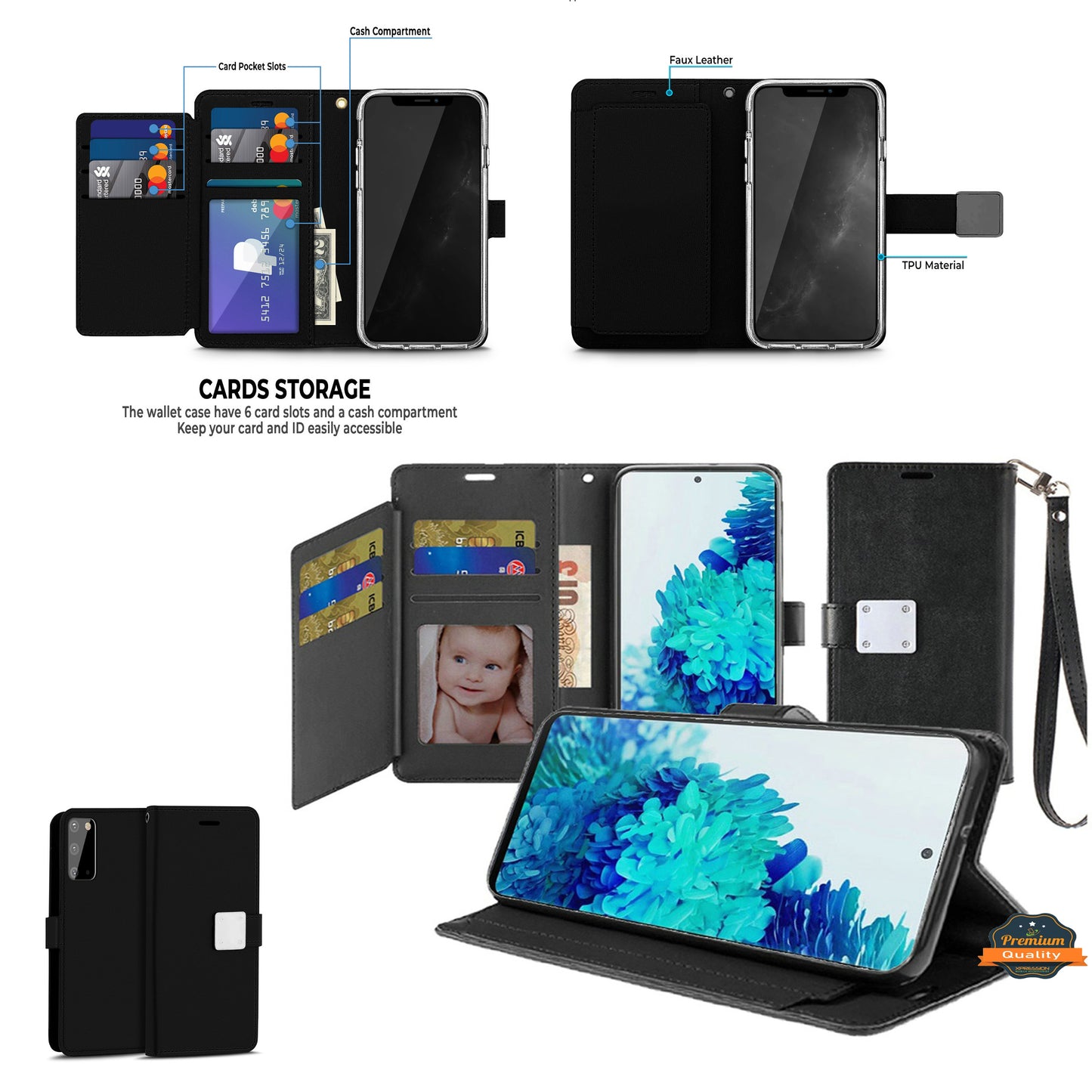 For Apple iPhone 16 Pro Max (6.9") Wallet PU Leather Credit Card ID Cash Holder Slot Dual Flip Pouch with Stand and Strap Case Cover