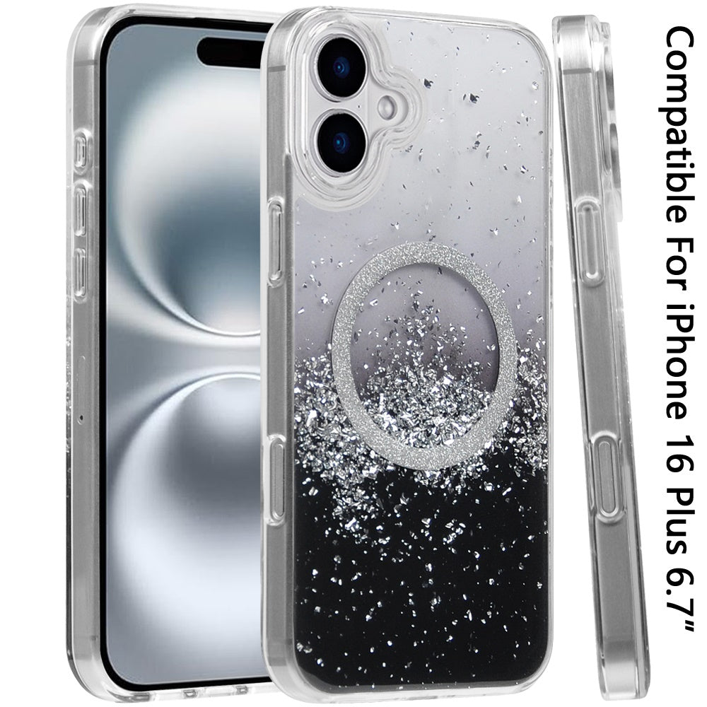 For Apple iPhone 16 Plus (6.7") Transparent Epoxy Glitter Magnetic Circle Compatible with MagSafe Hybrid Bling Sparkle Hard PC Slim TPU Case Cover