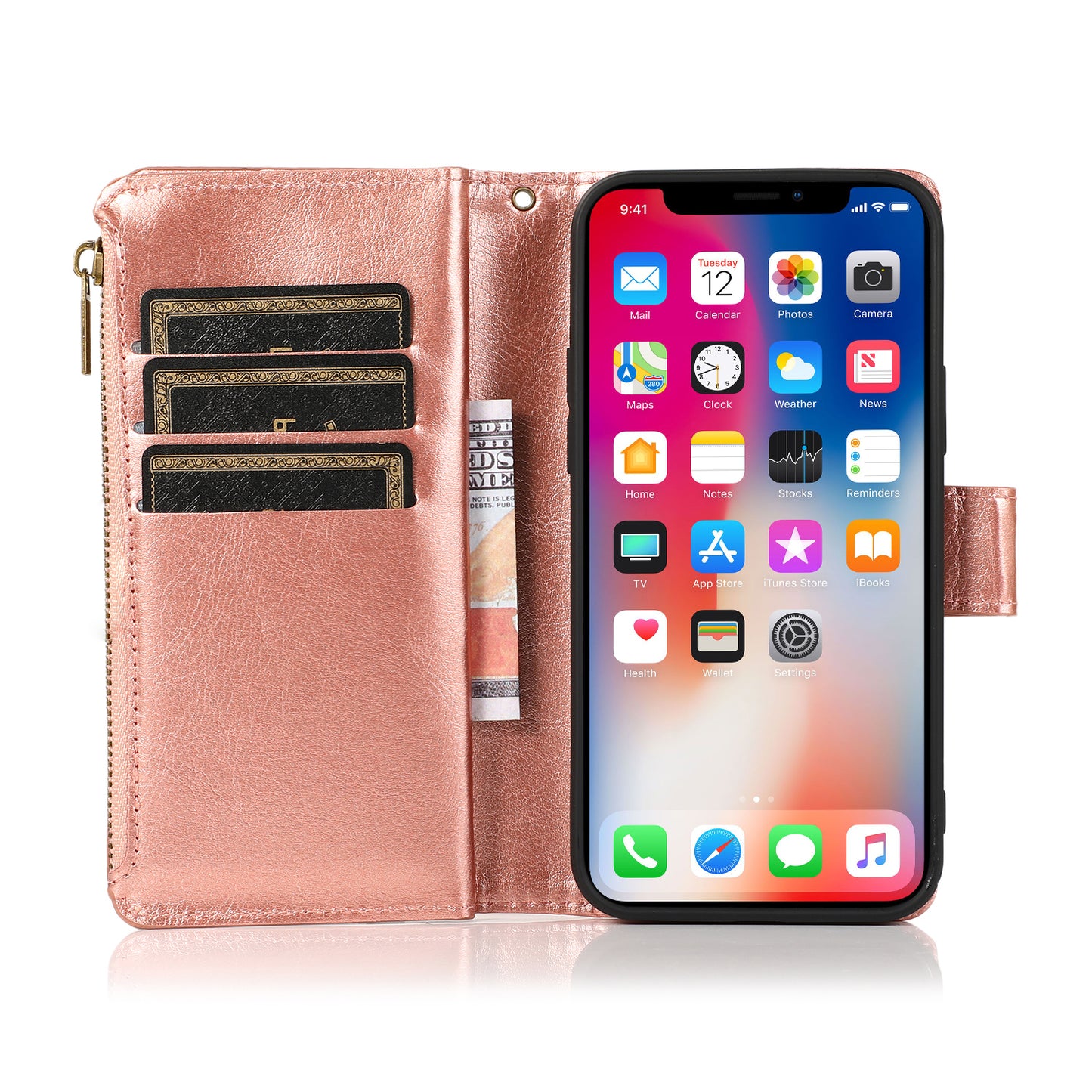 For Apple iPhone SE 4 PU Leather Zipper Wallet Case 9 Credit Card Slots Cash Money Pocket Clutch Pouch with Stand & Strap Case Cover Rose Gold