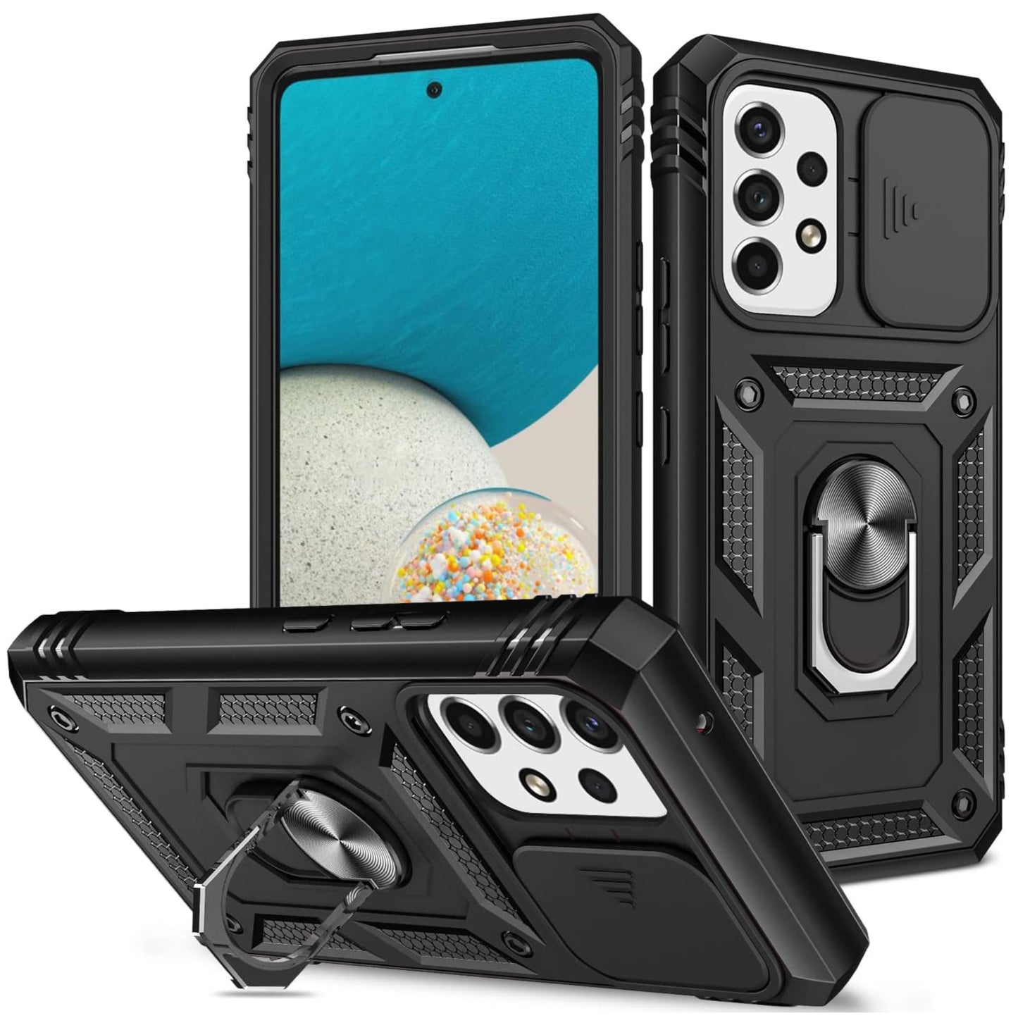 For Apple iPhone 15 (6.1") Built in Sliding Camera Lens Protection & Finger Ring Stand Holder Hybrid PC Shockproof  Phone Case Cover