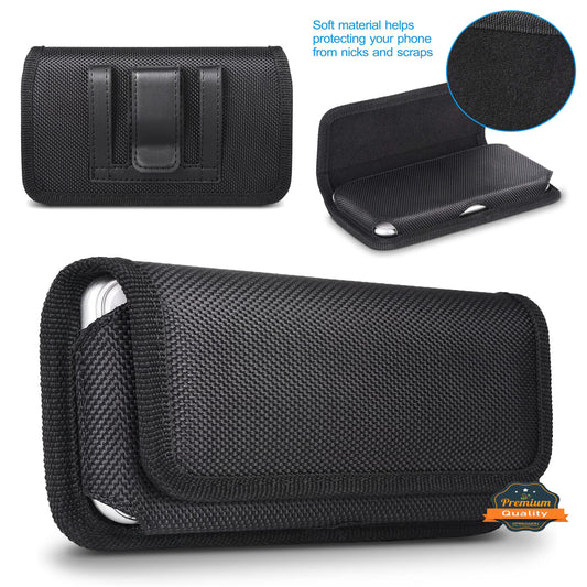 For Apple iPhone 16 Plus (6.7") Nylon Canvas Fabric Waist Belt Holster Horizontal Pouch Holds XL Phone Works with Thick Cases Universal Cover [Black]