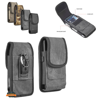 For Apple iPhone 16 Plus (6.7") Universal Vertical Fabric Case Holster with 2 Card Slots, Pen Holder, Belt Clip Loop & Hook Carrying Phone Pouch [Black]