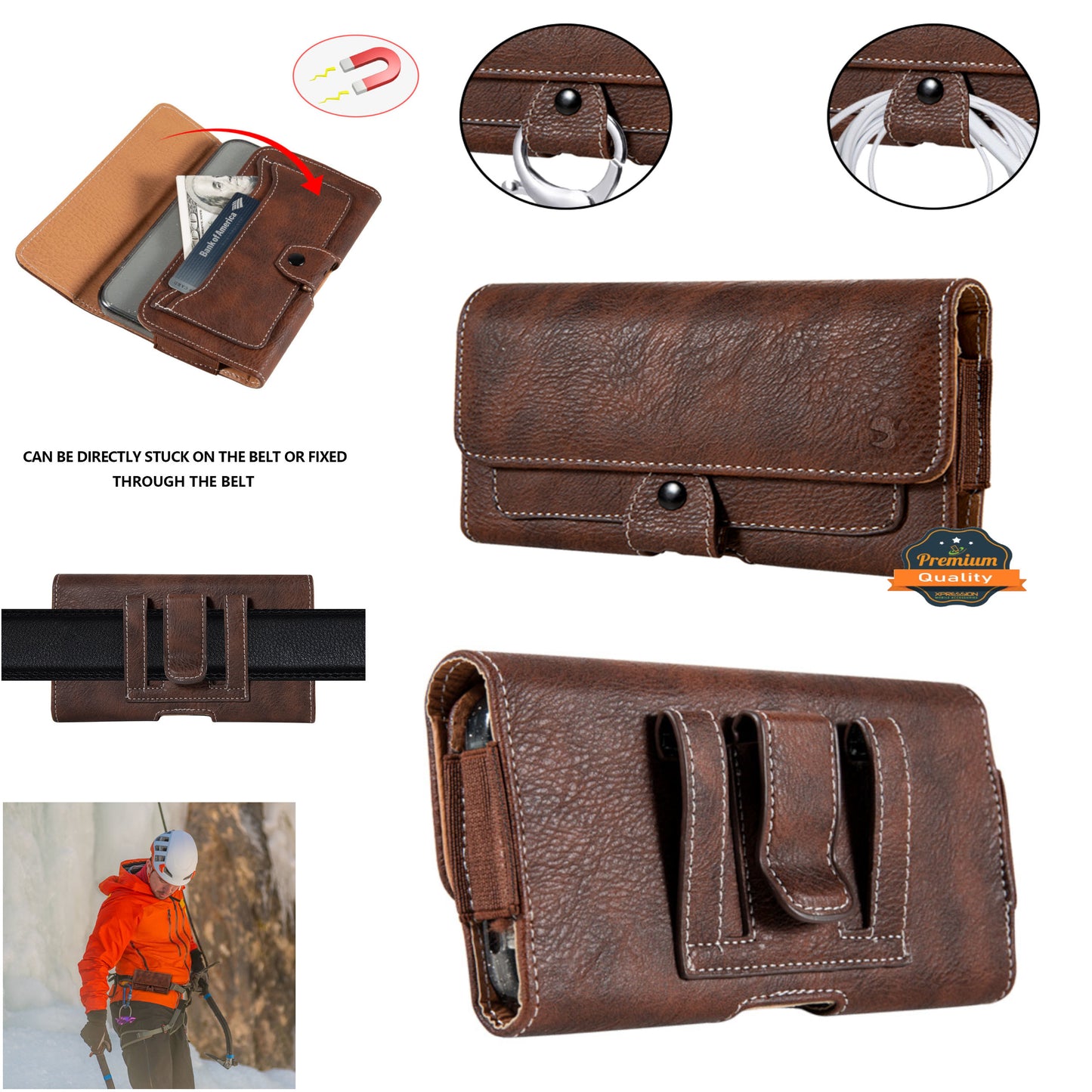 For Apple iPhone 16 (6.1") Universal Phone Holder Horizontal PU Leather with Credit Card Money Slot, Belt Clip Holster Loops Carrying M Pouch [Brown]