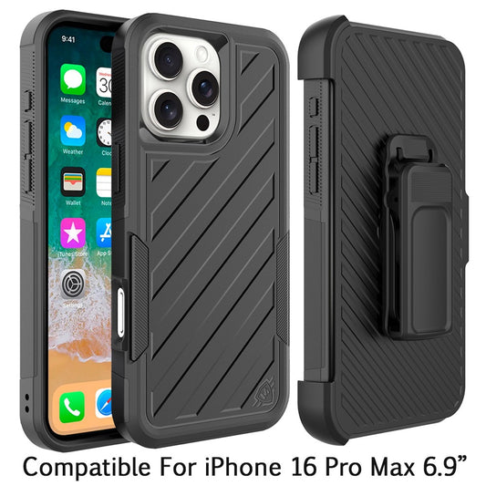 For Apple iPhone 16 Pro Max (6.9") Combo Hybrid lined with Belt Clip Holster Armor Shockproof Rugged Textured 2in1 Non Slip Tough Case Cover Black / Black