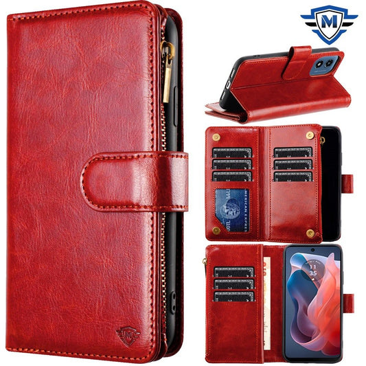 For Apple iPhone 16 Pro Max (6.9") Premium Leather Zipper Wallet with Credit Card Slots Money Pocket Luxury Clutch Pouch Stand & Strap Case Cover Red