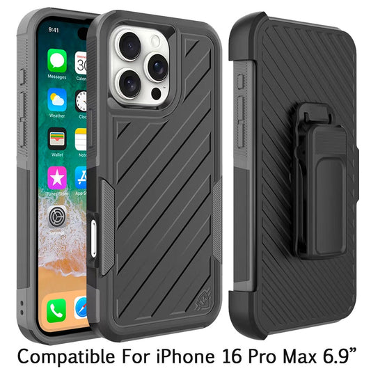 For Apple iPhone 16 Pro Max (6.9") Combo Hybrid lined with Belt Clip Holster Armor Shockproof Rugged Textured 2in1 Non Slip Tough Case Cover Black / Gray