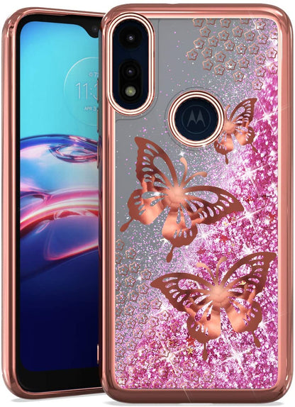 For Apple iPhone 15 (6.1") Quicksand Liquid Glitter Bling Flowing Sparkle Fashion Hybrid TPU and Chrome Plating Hard Butterfly Phone Case Cover