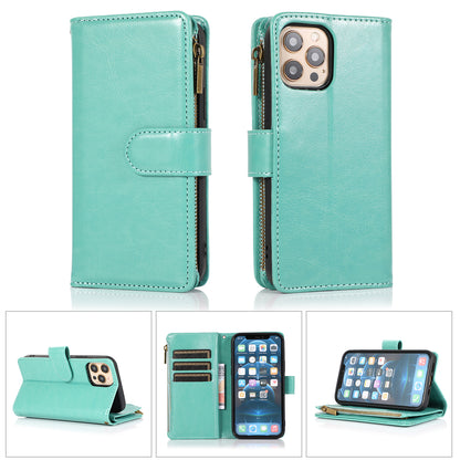 For Apple iPhone 12 / 12 Pro Leather Zipper Wallet Case 9 Credit Card Slots Cash Money Pocket Clutch Pouch with Stand & Strap Case Cover