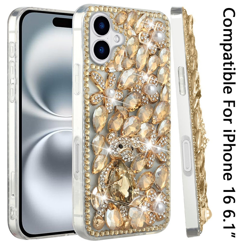 For Apple iPhone 16 (6.1") Bling Crystal 3D Full Diamonds Luxury Sparkle Rhinestone Hybrid Protective Case Cover