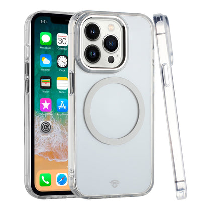 For Apple iPhone 16 Pro Max (6.9") Transparent Back Hybrid Circle Ring Magnetic Compatible with MagSafe Color Frame Metal Buttons Case Cover