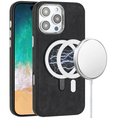 For Apple iPhone 16 Pro (6.3") PU Vegan Leather Chrome Edged Hybrid Hard PC TPU Rubber Compatible with MagSafe Case Cover