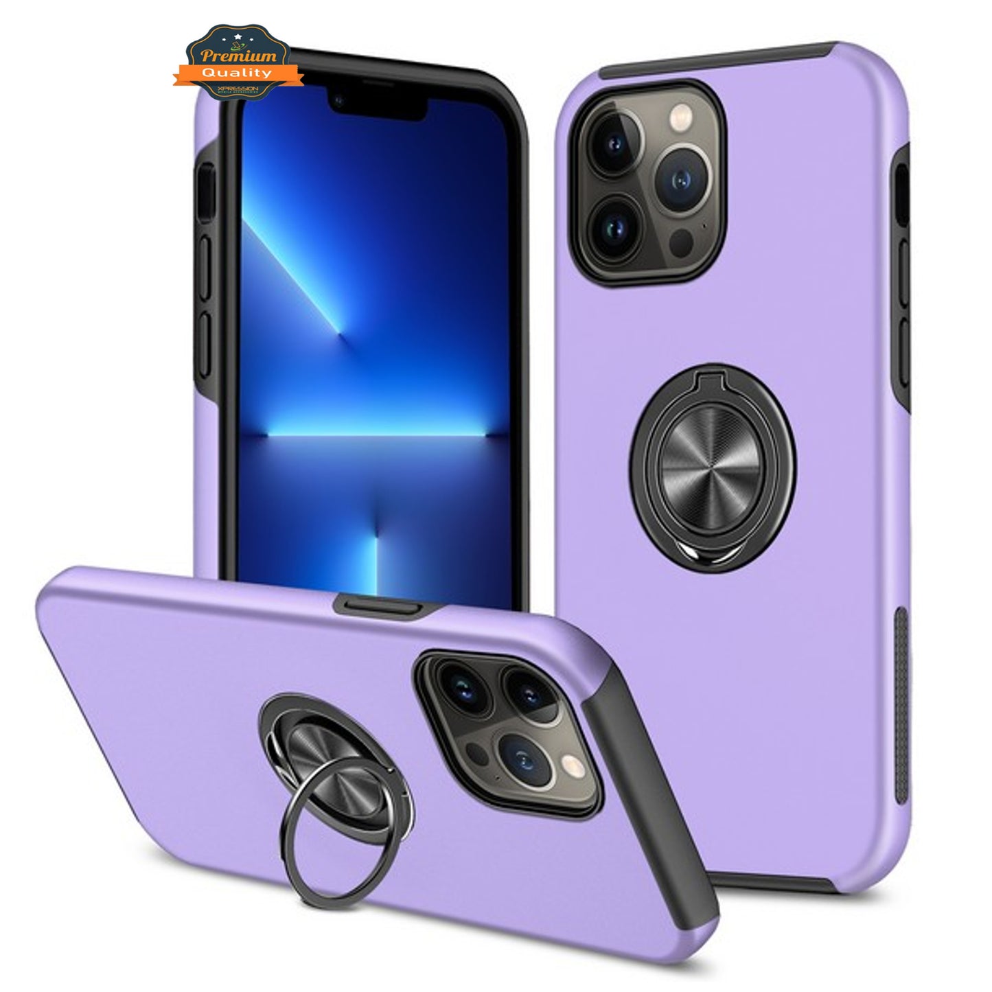 For Apple iPhone 15 Pro (6.1") Hybrid Military Grade with Flat Metal Ring Stand 360° Rotation Kickstand Hard PC Back Slim  Phone Case Cover