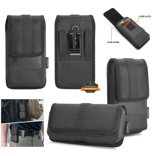 For Apple iPhone 16 Pro (6.3") Universal Vertical Nylon Phone Case Carrying Pouch Cover with Card Storage Pocket & Belt Clip Loop Holster Front Grip [Black]