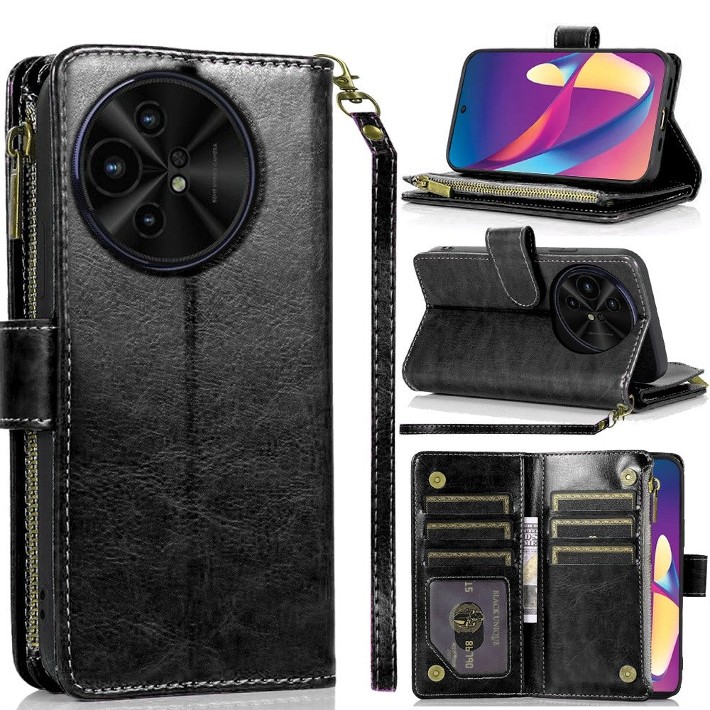 For Apple iPhone SE 4 PU Leather Zipper Wallet Case 9 Credit Card Slots Cash Money Pocket Clutch Pouch with Stand & Strap Case Cover Black