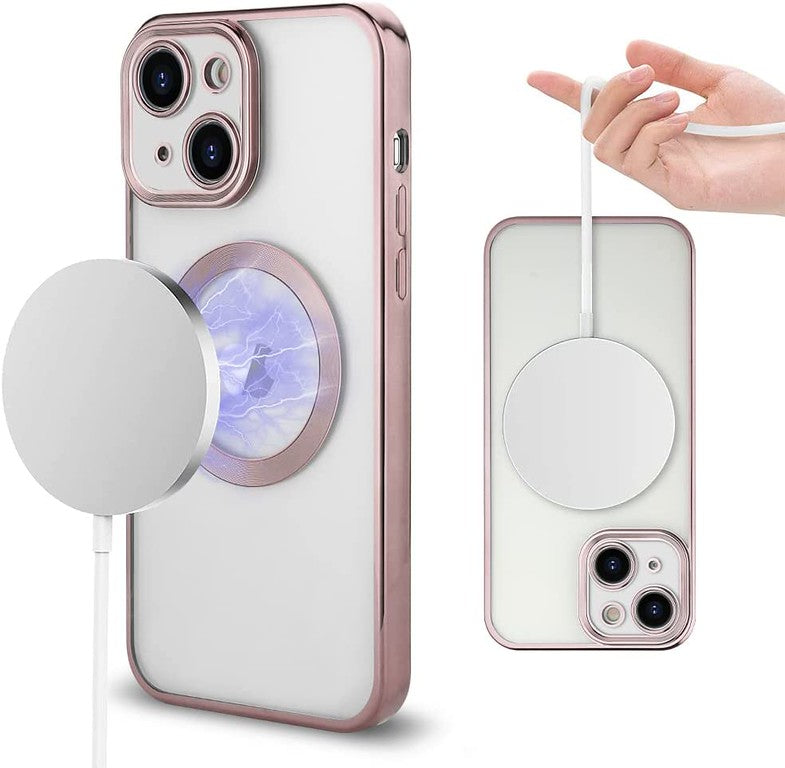 For Apple iPhone 15 (6.1") Magnetic Hybrid Clear with Plating Chrome Frame & Camera Protection Compatible with Magsafe  Phone Case Cover