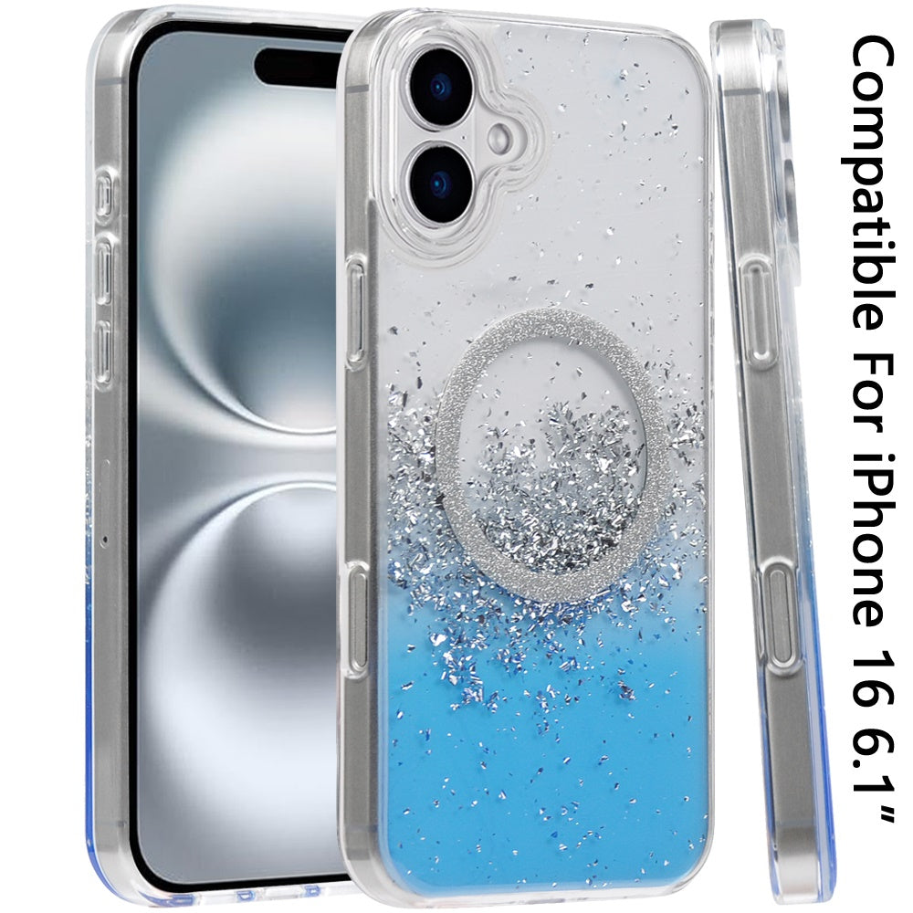 For Apple iPhone 16 (6.1") Transparent Epoxy Glitter Magnetic Circle Compatible with MagSafe Hybrid Bling Sparkle Hard PC Slim TPU Case Cover