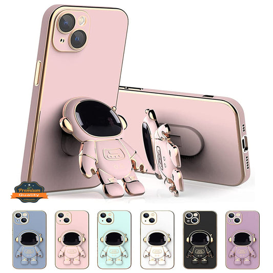 For Apple iPhone 16 (6.1") Astronaut Hidden Stand Holder Plating Hybrid Electroplated Bumper Shockproof Armor Cute Case Cover