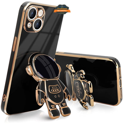 For Apple iPhone 15 (6.1") Astronaut Hidden Stand Holder Plating Hybrid Electroplated Bumper Shockproof Armor Cute  Phone Case Cover