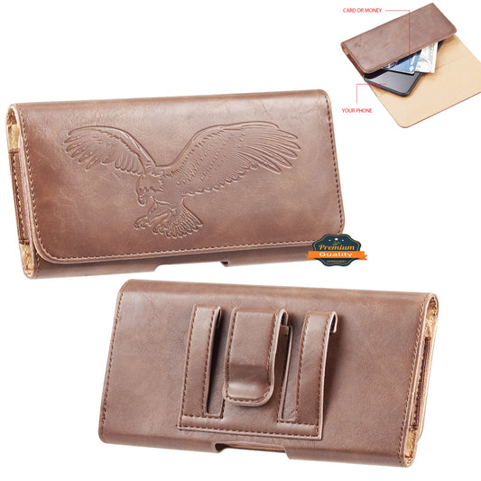 For Apple iPhone 16 Pro (6.3") Universal Horizontal Leather Phone Case with Embossed American Eagle Pouch Belt Clip Holster & Magnetic Pouch [Brown]