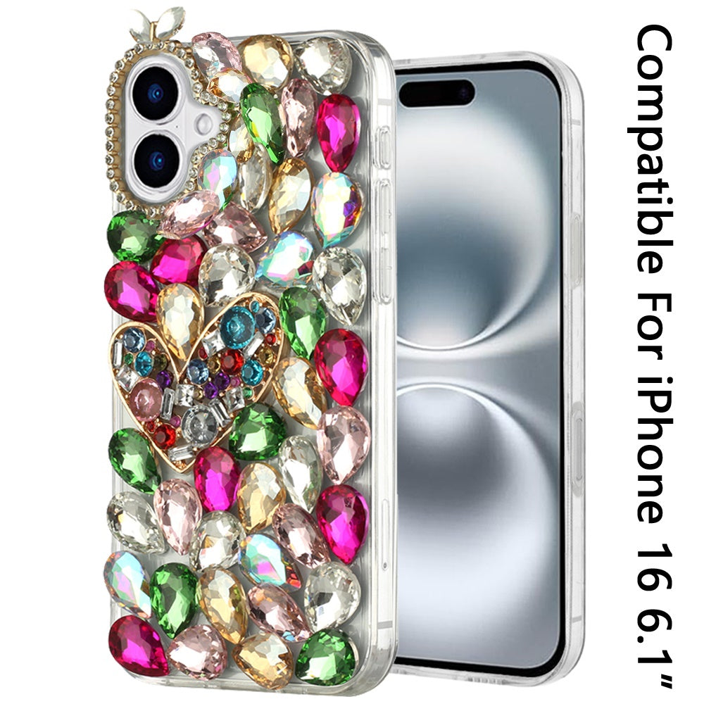 For Apple iPhone 16 (6.1") Bling Crystal 3D Full Diamonds Luxury Sparkle Rhinestone Hybrid Protective Case Cover