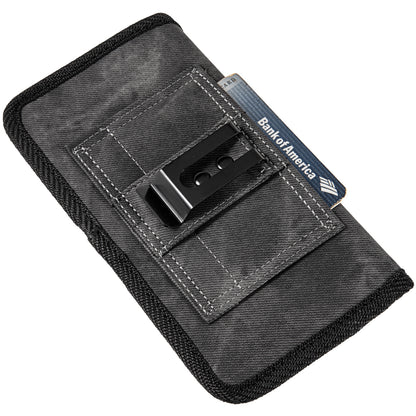 For Apple iPhone 16 Pro Max (6.9") Universal Horizontal Cell Phone Case Fabric Holster Carrying Pouch with Belt Clip and 2 Card Slots fit XXL Devices [Black Denim]