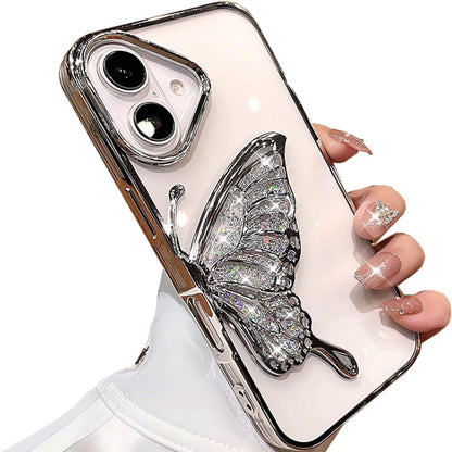 For Apple iPhone 16 Pro (6.3") Glitter 3D Butterfly Bling Luxury Electroplate Chrome Sparkle Liquid Flowing Plating Bumper Case Cover