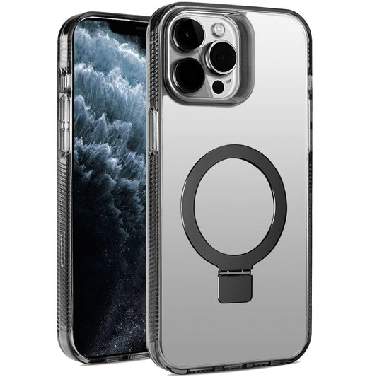 For Apple iPhone 11 Pro Max Transparent Magnetic Ring Circle Stand with MagSafe Compatible Hybrid Dotted Edged Hard PC Shockproof Case Cover Black