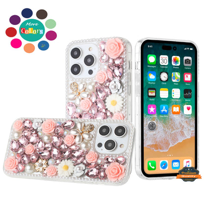 For Apple iPhone 16 Plus (6.7") Fashion Rose Flower Floral Bling Crystal 3D Full Diamonds Pearl Sparkle Rhinestone Glitter Hybrid Case Cover