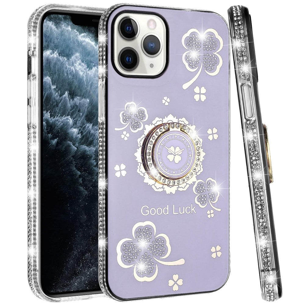 For Apple iPhone 11 Pro Max Diamonds Bling All Around Edges Sparkly Glitter Hybrid Ring Stand Holder Fashion Good Luck Case Cover