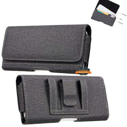 For Apple iPhone 16 Pro (6.3") Universal Horizontal Cell Phone Fabric Pouch Holster Carry Case Magnetic Closure with Credit Card Slots Coins Holder & Belt Clip Loop (XL) [Black]