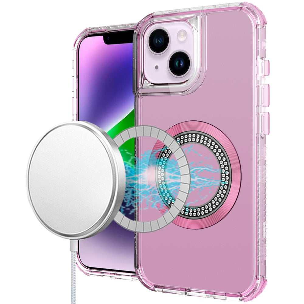 For Apple iPhone 14 / iPhone 13 (6.1") Magnetic Ring Circle Bling Chrome 3in1 Hybrid [Compatible with Magsafe] Transparent Shockproof Case Cover