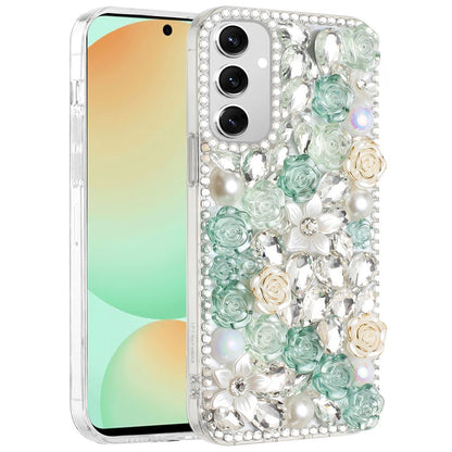 For Samsung Galaxy S24 FE /Fan Edition Fashion Rose Flower Floral Bling Crystal 3D Full Diamonds Pearl Sparkle Rhinestone Glitter Hybrid Case Cover