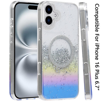 For Apple iPhone 16 Plus (6.7") Transparent Epoxy Glitter Magnetic Circle Compatible with MagSafe Hybrid Bling Sparkle Hard PC Slim TPU Case Cover