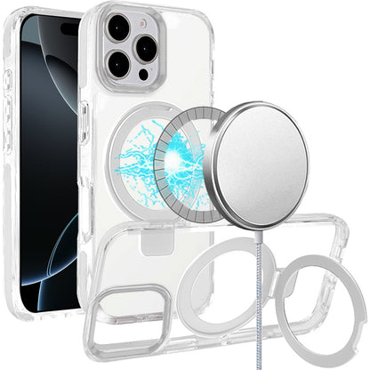 For Apple iPhone 16 (6.1") Hybrid Transparent Circle Back Ring Kickstand [Compatible with MagSafe] Shockproof Color Frame Bumper Case Cover