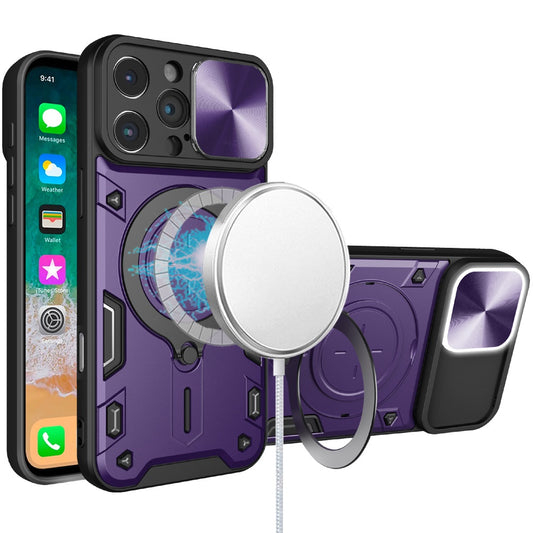 For Apple iPhone 16 Pro Max (6.9") Hybrid Magnetic Circle 360° Ring Kickstand with MagSafe Compatible & Camera lens Protector Case Cover Purple