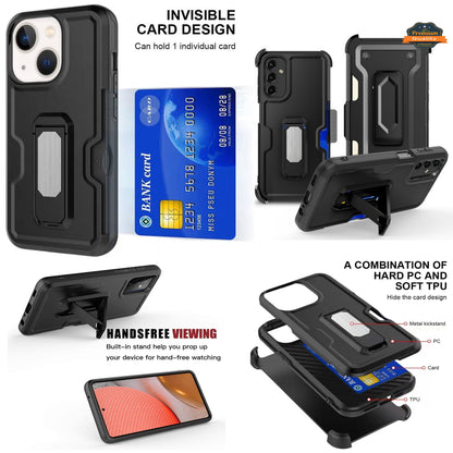 For Apple iPhone 15 (6.1") Hybrid Invisible ID Card Slot Wallet with Kickstand Holster Belt Clip Holder Heavy Duty Slim  Phone Case Cover