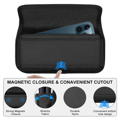 For Apple iPhone 16 Pro Max (6.9") Pouch Holster Cell Phone Case Universal Horizontal Nylon with Clip /Loops Belt Holder Rugged Waist Carrying Cover [Black]